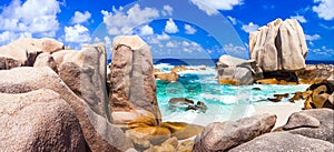 Anse Marron - impressive rocky wild beach in La digue island, Se photo