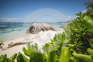 Anse Source d'Argent beach - beautifully shaped granite boulder framed by green leaves, La Digue island, Seychelles
