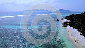 Anse Source D Argent beach La Digue Island Seychelles aerial view on tropical beach Seychelles