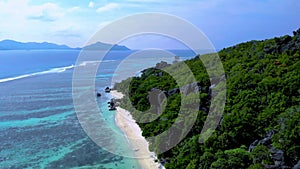 Anse Source D Argent beach La Digue Island Seychelles aerial view on tropical beach Seychelles