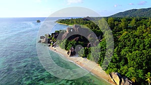 Anse Source d'Argent beach, La Digue Island, Seyshelles, Drone aerial view of La Digue Seychelles