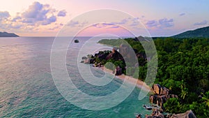 Anse Source d'Argent beach, La Digue Island, Seyshelles, Drone aerial view of La Digue Seychelles