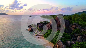 Anse Source d'Argent beach, La Digue Island, Seyshelles, Drone aerial view of La Digue Seychelles