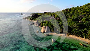 Anse Source d'Argent beach, La Digue Island, Seyshelles, Drone aerial view of La Digue Seychelles