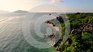 Anse Source d'Argent beach, La Digue Island, Seyshelles, Drone aerial view of La Digue Seychelles