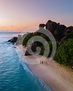 Anse Source d'Argent beach, La Digue Island, Seyshelles, Drone aerial view of La Digue Seychelles bird eye view