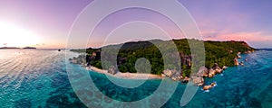 Anse Source d'Argent beach, La Digue Island, Seyshelles, Drone aerial view of La Digue Seychelles bird eye view