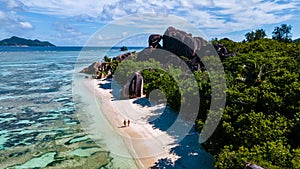 Anse Source d'Argent beach, La Digue Island, Seyshelles, Drone aerial view of La Digue Seychelles bird eye view