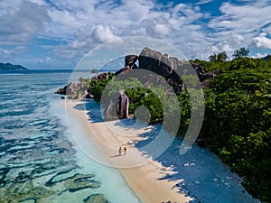 Anse Source d'Argent beach, La Digue Island, Seyshelles, Drone aerial view of La Digue Seychelles bird eye view