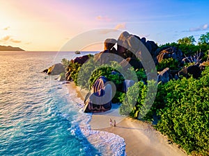 Anse Source d'Argent beach, La Digue Island, Seyshelles, Drone aerial view of La Digue Seychelles bird eye view