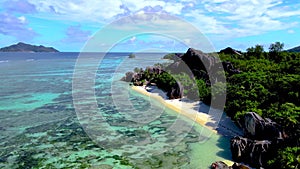 Anse Source d'Argent beach, La Digue Island, Seyshelles, Drone aerial view of La Digue Seychelles bird eye view