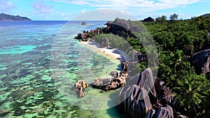 Anse Source d'Argent beach, La Digue Island, Seyshelles, Drone aerial view of La Digue Seychelles bird eye view