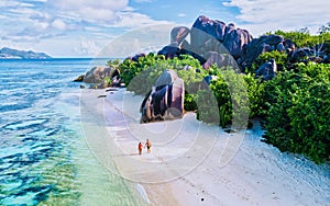 Anse Source d'Argent beach, La Digue Island, Seyshelles, Drone aerial view of La Digue Seychelles bird eye view