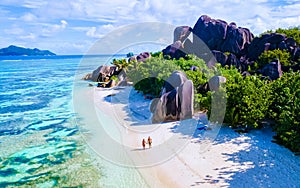 Anse Source d'Argent beach, La Digue Island, Seyshelles, Drone aerial view of La Digue Seychelles bird eye view