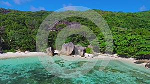 Anse Source D'Argent Beach in La Digue, Seychelles. Aerial view of tropical coastline on a sunny day