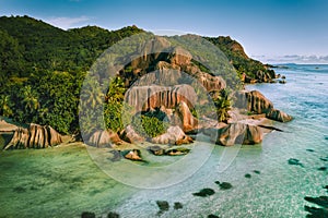 Anse Source D argent beautiful famous beach at La Digue Island, Seychelles. Aerial drone photo from above