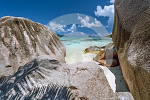 Anse Source d'Argent. Exotic tropical paradise beach on island La Digue in Seychelles. Huge Granite boulders and