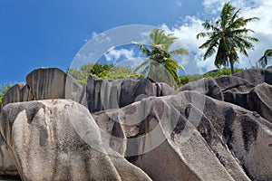 Anse Source d`Argent - granite rocks at beautiful beach on tropical island La Digue in Seychelles