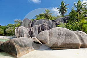 Anse Source d`Argent - granite rocks at beautiful beach on tropical island La Digue in Seychelles