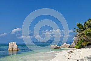 Anse Source d`Argent - granite rocks at beautiful beach on tropical island La Digue in Seychelles