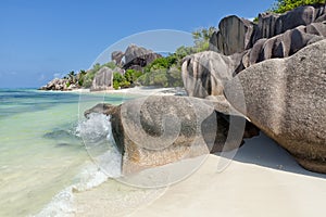 Anse Source d`Argent - granite rocks at beautiful beach on tropical island La Digue in Seychelles