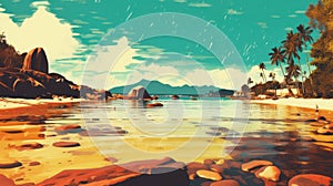 Anse Source dArgent Seychelles on a sunny day - illustration retro style - made with Generative AI tools