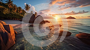 Anse Source dArgent Seychelles at sunset - made with Generative AI tools