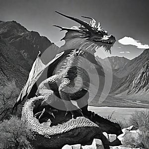 Ansel Adams Black and White Photo Yosemite National Park Dragon Photo Dinosaur AI Fine Art Surreal Print photo