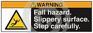 ANSI Z535 Safety Sign Standards Warning Fall Hazard Slippery Surface Step Carefully with Text Landscape Black 02 photo