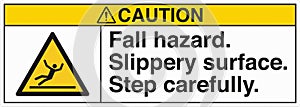 ANSI Z535 Safety Sign Standards Caution Fall Hazard Slippery Surface Step Carefully with Text Landscape White 02 photo