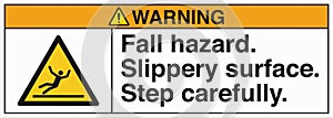 ANSI Z535 Safety Sign Standards Warning Fall Hazard Slippery Surface Step Carefully with Text Landscape White 02 photo