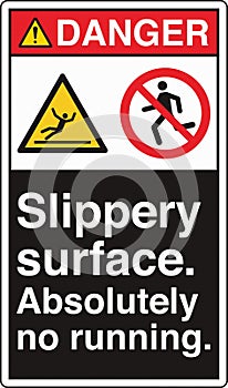 ANSI Z535 Safety Sign Two Symbol Standards Danger Slippery Surface Absolutely No Running with Text Portrait Black photo