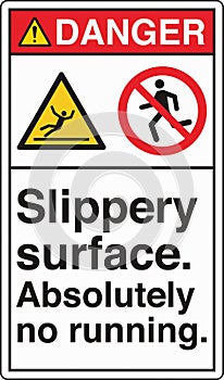 ANSI Z535 Safety Sign Two Symbol Standards Danger Slippery Surface Absolutely No Running with Text Portrait White photo