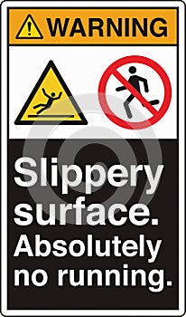 ANSI Z535 Safety Sign Two Symbol Standards Warning Slippery Surface Absolutely No Running with Text Portrait Black photo