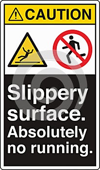 ANSI Z535 Safety Sign Marking Standards Caution Slippery Surface Absolutely No Running with Text Portrait black photo