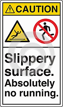 ANSI Z535 Safety Sign Marking Standards Caution Slippery Surface Absolutely No Running with Text Portrait White photo