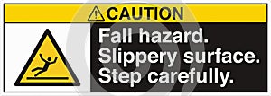 ANSI Z535 Safety Sign Standards Caution Fall Hazard Slippery Surface Step Carefully with Text Landscape Black 02 photo