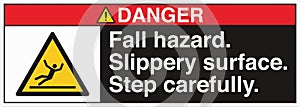 ANSI Z535 Safety Sign Standards Danger Fall Hazard Slippery Surface Step Carefully with Text Landscape Black 02 photo