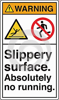 ANSI Z535 Safety Sign Two Symbol Standards Warning Slippery Surface Absolutely No Running with Text Portrait White photo