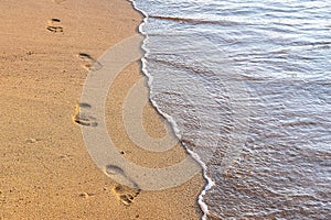 Ansparent sea and washes away the traces of bare feet on the wet sand