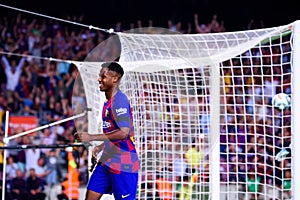 Ansu Fati celebrates a goal