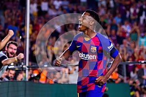 Ansu Fati celebrates a goal at the La Liga match between FC Barcelona and Valencia CF