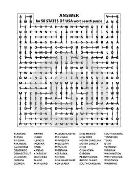 Answer for 50 States of USA word search puzzle