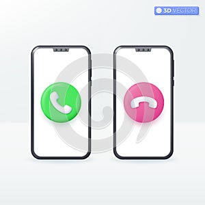 Answer and decline smartphone call buttons icon symbols, Calling and disconnec concept. 3D vector isolated illustration design.