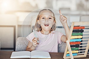 Answer, homework and portrait of girl with abacus for learning mathematics, counting and studying. Education, school and