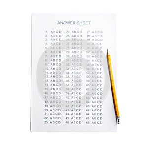 Answer sheet with pencil on white background