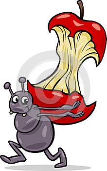 Ant with apple core cartoon illustration