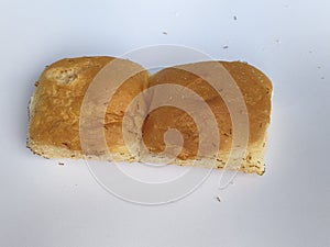 Ant on bread, placed over a white background