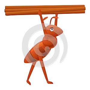 Ant carry wood icon, cartoon style