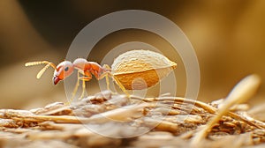 Red Ant Carrying Seed on Forest Floor, Macro Photography